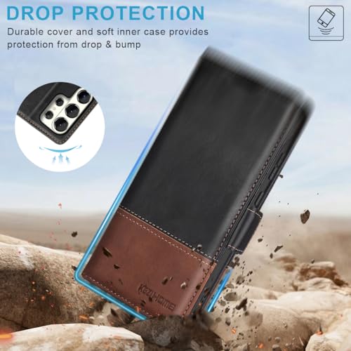 KEZiHOME Genuine Leather Wallet Case for Samsung Galaxy S26 Ultra | Black/Brown, RFID Blocking Card Holder, Kickstand, Magnetic Protective Phone Folio Cover, Compatible with S26 Ultra - color: Black/Brown, size: Galaxy S26 Ultra Case