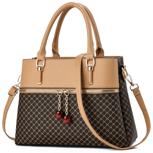 KURGOOL Dual-tone Purse Handbags for Women, 3 Zip Compartments Tote Bag, Trendy Leather Designer Shoulder Satchel Purses - color: Ins-coffee Brown