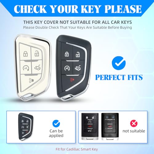 QBUC for Cadillac Key Fob Cover with Leather Keychain (Chrome Trim White) | Soft TPU Protection Case Compatible with 2020-2026 Cadillac Escalade Lyriq Optiq 5-Buttons - color: Chrome/White, size: 5-Buttons