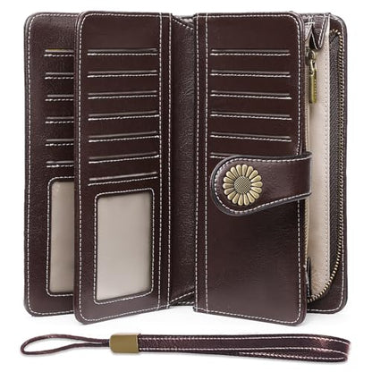 SENDEFN Womens Wallet RFID Blocking Card Holder Large Leather Wristlet - color: 1-Wax-Brown-2