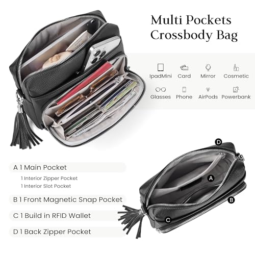 befen Genuine Leather Crossbody Bags for Women Leather Wallet Travel Purse | Real Leather, Purse with Built in Wallet, RFID Blocking Card Slots, Crossbody Bag with Wallet, Detachable Shoulder Strap - color: Black