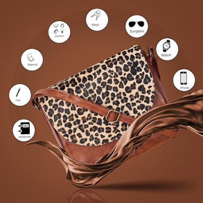 Ozora Genuine Leather Crossbody Bag for Women, Adjustable Strap - color: Tan Wash Cheetah