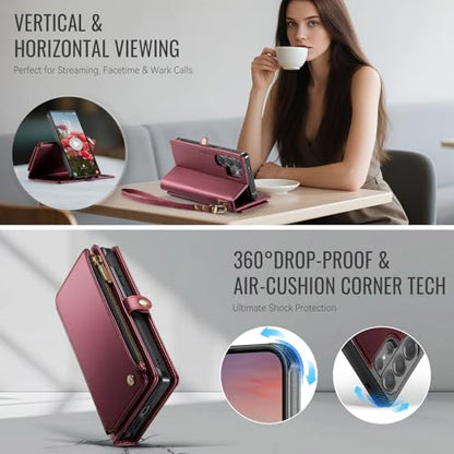 Defencase for Galaxy S26 Ultra Case Wallet Compatible with Magsafe, WineRed | Magnetic Detachable, RFID Bolcking Card Holder, Zipper Strap, PU Leather Drop-Proof Phone Cover for Samsung Galaxy S26 Ultra - color: (Detachable with Magsafe)-Wine Red