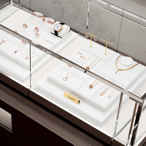 White PU Leather 3 Slot Necklace Display Stand | Triple Necklace Holder Tray, Premium Multi-Necklace Organizer for Retail Showcase & Product Photography - size: 6.3" x 3.15" x 0.98"