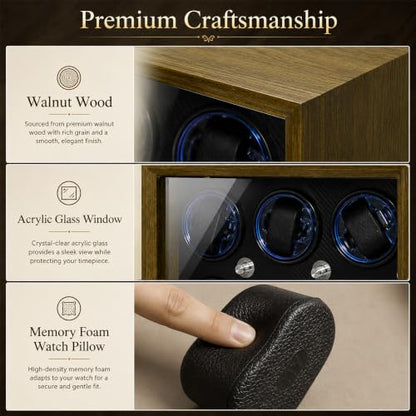 Watch Winder for Automatic Watches, Walnut 9 Slots Winding Watch Box with Japanese Quiet Motor & Blue LED for Rolex and Auto Watches, Wooden Rotating Watch Case Used for Display, Storage & Gift - size: 9 slots