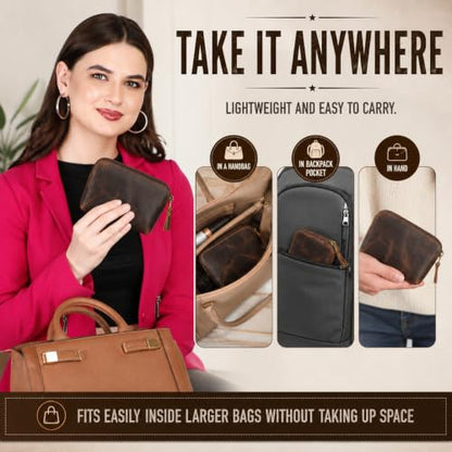 Full Grain Leather Cosmetic Bag – Zippered Makeup Pouch for Women, Small Travel Toiletry & Organizer Pouch for Purse, Premium Handmade Leather (5 × 4 × 2.5 in) - color: Brown