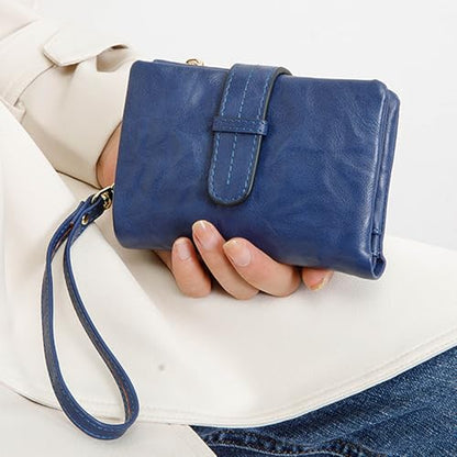 Wallets for Women Small Leather Rfid Ladies Wallets Bifold Medium Billfolds for Women Compact Trifold Wristlet with Wrist Strap Coin purse Card holder (Blue) - color: Blue