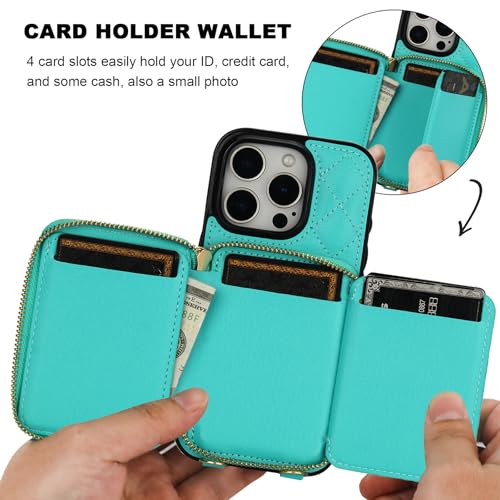 Bocasal Crossbody Wallet Case Card Holder for iPhone 16 Pro, Mint Green | RFID Blocking PU Leather Zipper Handbag Purse, Kickstand Flip Folio Case with Card Slots Holder Wrist Strap Lanyard 6.3 Inch - color: Green