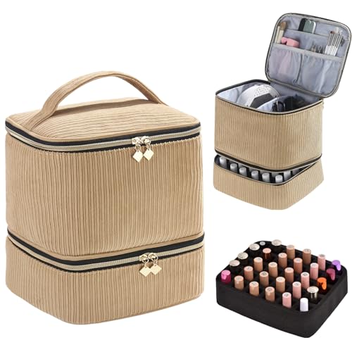 Corduroy Nail Polish Organizer and Nail Lamp Case, Nail Kit Organizer Holds 30 Bottles (15ml - 0.5 fl.oz) and a Nail Lamp, Nail Polish Carrying Case with Manicure Tools Storage Sections (Brown) - color: Brown