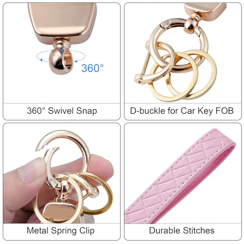 Weixiltc Quilted Leather Wristlet Keychain, D-Ring Car Key Holder | Quilted faux leather & gold hardware. D-ring for car keys + 2 split rings. Hands-free, anti-loss for commute & travel - color: Pink