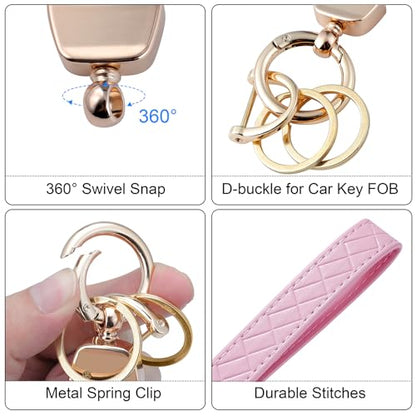 Weixiltc Quilted Leather Wristlet Keychain, D-Ring Car Key Holder | Quilted faux leather & gold hardware. D-ring for car keys + 2 split rings. Hands-free, anti-loss for commute & travel - color: Pink