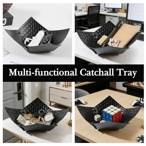 KINIVA 2 Pack PU Leather Jewelry Valet Tray for Men Women,Small Key Bowl for Entryway Table,Portable Travel Catchall Dice Tray (Bowl-Black-2pcs) - style: Bowl-Black-2pcs