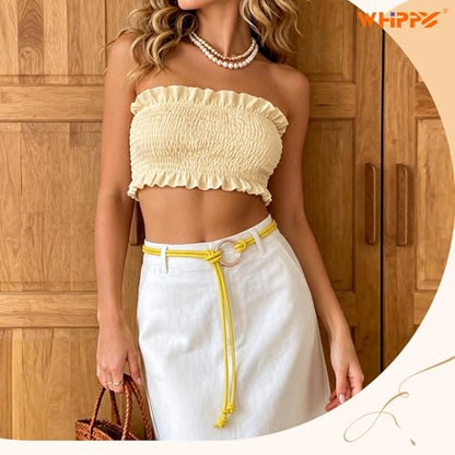 WHIPPY Women Skinny Leather Belts for Dresses Boho Thin Leather Knotted Waist Belt - color: Yellow, size: Fit Waist Size up to 53"