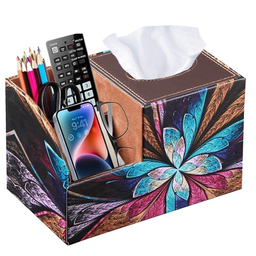 PU Leather Square Tissue Box Cover - Multi-Functional Tissue Box Holder | Tissue Box Cover with Storage,Tissue and Remote Control Holder,Cube Tissue Box Organizer Bedroom Nightstand End Table - color: Butterfly