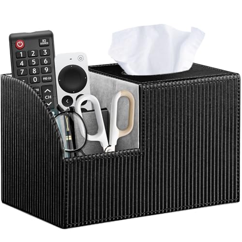 Square Tissue Box Cover with Storage, PU Leather Facial Cube Tissue Holder | TV Remote Control Holder, Desk Accessories Nightstand Organizer, Modern Table Caddy for Bathroom, Bedroom, Home, Office Decor - color: Black Rome
