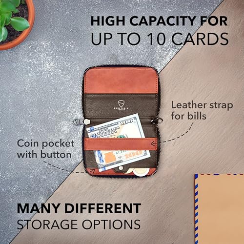 Vaultskin NOTTING HILL Slim Italian Leather Zip Around Wallet, RFID | Minimalist thin card holder for men and women, small coin purse, keychain D-ring, RFID blocking, 10 cards, cash, gift box - color: Brown