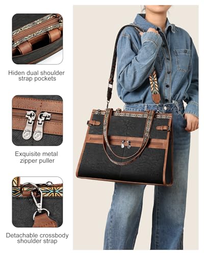 Laptop Bag for Women Designer PU Leather, 15.6inch | Large Tote Bags Backpack Purses with 15.6 Laptop Compartment Shoulder Handbag, for Office, Business, Travel, Daily Use - color: Retro Black With Brown