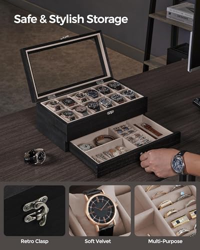 SONGMICS 12-Slot Watch Box, 2-Tier Watch Display Case with Large Glass Lid, Removable Pillows, Velvet Lining, Jewelry Box, Gift Idea, Ebony Black UJOW012B01 - color: Ebony Black, size: 2 Layer 12 Slot