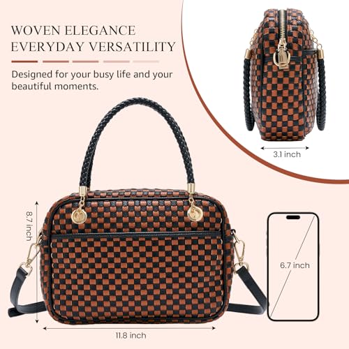 Woven Checkered Crossbody Bag for Women Vegan Leather Satchel Purse | Two-tone structured handbag features a braided top handle, adjustable strap, and 3 spacious compartments with inner zippers - color: Black and Brown Checkered