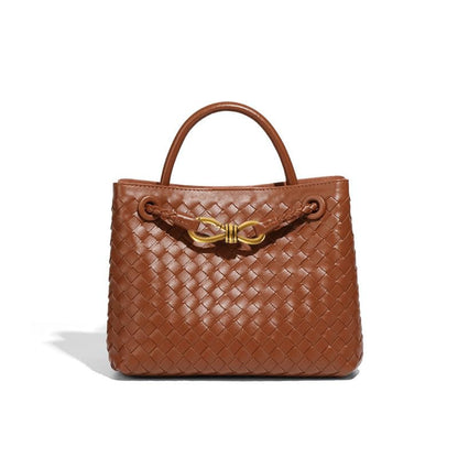 Woven Tote Bag for Women Leather Shoulder Handbag Designer Top Handle Purses - color: Dark Brown