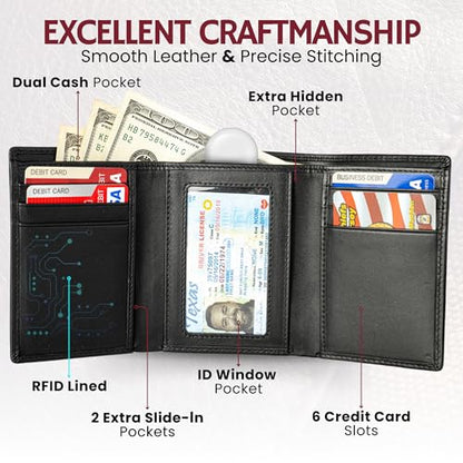 BULL GUARD RFID Leather Trifold Wallets for Men ID Window, Secret Pocket, Black - color: Rich Black