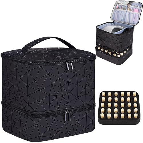CTWWFS PU Leather Nail Polish Organizer and Nail Lamp Case, Nail Kit Organizer Holds 30+ Bottles (15ml - 0.5 fl.oz) and a Nail Lamp, Nail Polish Carrying Case with Manicure Tools Storage Sections - color: A-Black