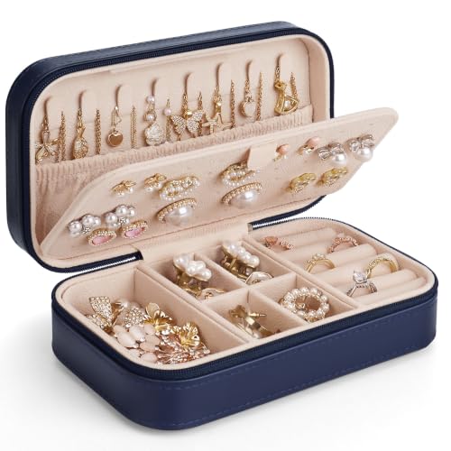 DesignSter Travel Jewelry Box, PU Leather Portable Jewelry Case, Small Jewelry Boxes for Gifts, Travel Jewelry Organizer for Women Rings Earrings Necklaces Bracelets (Dark Blue) - color: Dark Blue