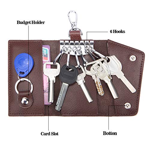 BAKUN Compact Leather Car Key Case, Key Holder Key Organizer Wallet, With 6 Hooks(Brown) - color: Brown