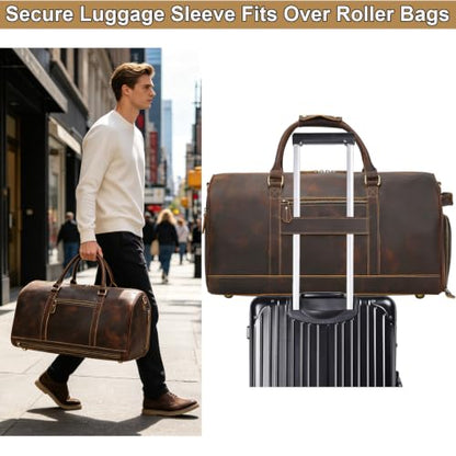 Genuine Leather Weekender Duffel Bag with Separate Shoe Compartment Carry On Travel Overnight Gym Bag, Coffee Brown