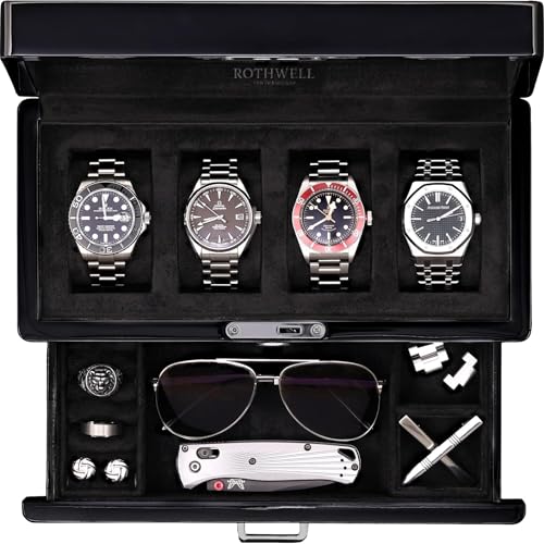ROTHWELL 4-Slot Piano Black Watch Box with Valet Drawer - Premium Jewelry Display Case Organizer with Locking Glass Top and Microsuede Liner for Men & Women (Black Interior) - color: Piano Black / Black