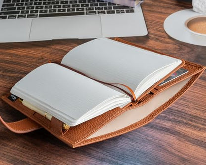 Leather Planner Cover for Hobonichi Weeks & Weeks Mega, Pebbled Genuine Leather Notebook Cover, Slim Planner Case with Pen Loop, Card Slots, Bookmarks & Back Pocket(Brown) - color: BROWN