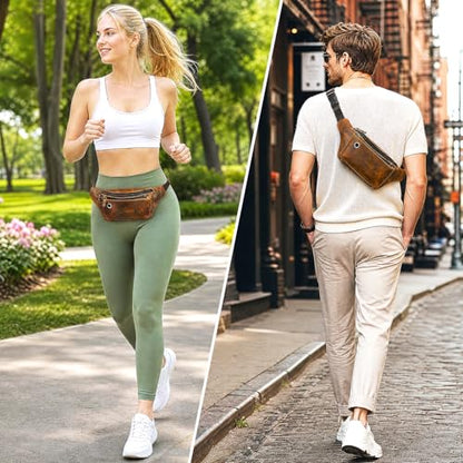 Water Resistant Canvas + Leather Hiking Riding Travel Fanny Waist Pack Small Phone Pouch For Men Women FB811-29 (W-8138-Brown) - color: W-8138-Brown