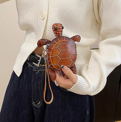 3D Turtle Shaped Leather Coin Purse, Cute Animal Wristlet Pouch for Change, Cards &Keys, Novelty Cartoon Mini Clutch Handbag (Brown) - color: Brown