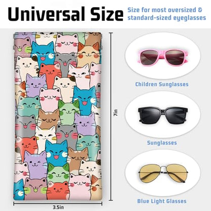Soft Glasses Case for Sunglasses Eyeglass Slim Pouch | 7x3.5 inches, Portable PU Leather, Squeeze Top, Sunglasses Holder Bag Pouch, For Women Men - color: Cats