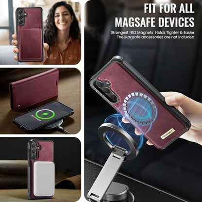 for Samsung Galaxy S24 5G 2in1 Detachable Wallet Case, Burgundy | Compatible with Magsafe, Magnetic, RFID Blocking Card Holder, Shockproof, Kickstand, Wireless Charging, PU Leather Flip Cover - color: Retro Burgundy, size: Galaxy S24 - 6.2"