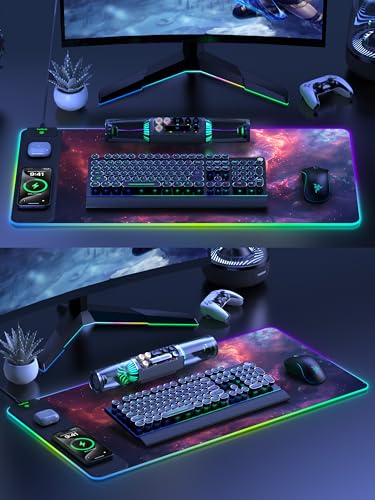 5-in-1 RGB Mouse Pad with 15W Wireless Charging, Keyboard Pad for Desk | 31.5” x 15.8” XXL Large Desk Mat, Gaming Mousepad with Ultra Smooth Surface & Non-Slip Rubber Base, Easy to Clean, Waterproof - color: Upgraded Rgb - Red Nebula With Adapter