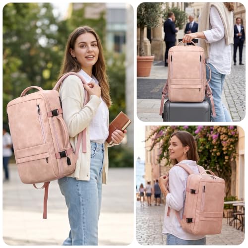 Travel Backpack Women, PU Leather Carry On Backpack Flight Approved, Pink - color: Pink
