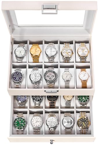 BEWISHOME Watch Case, 20-Slot Watch Box for Men with Large Glass Lid | 2-Layer Watch Storage Organizer with Removable Watch Pillows, Synthetic Leather, Watch Display Case Watch Holder White SSH04W - color: White+White