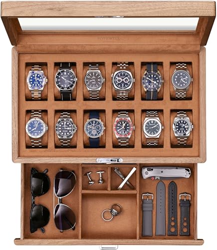 ROTHWELL 12-Slot Solid Walnut Watch Box with Valet Drawer - Premium Jewelry Display Case Organizer with Locking Glass Top and Microsuede Liner for Men & Women (Tan Interior) - color: Walnut / Tan