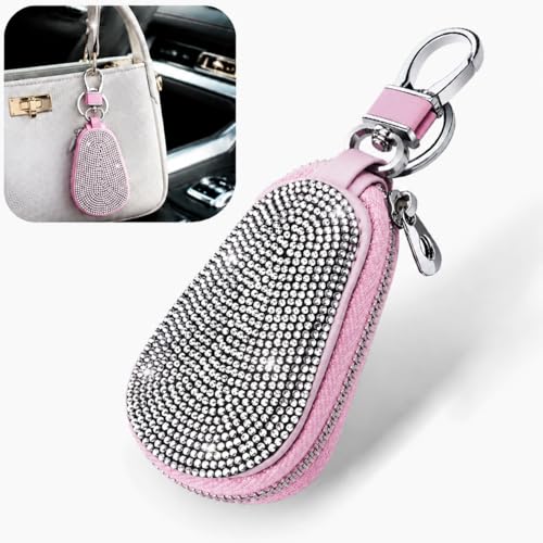 Car Key Chain Case, Bling Rhinestone Zipper Closure Car Key Fob Cover, Leather Portable Fashion Auto Smart Key Pouch, Universal for Most Cars, SUVs (Pink) - color: Pink