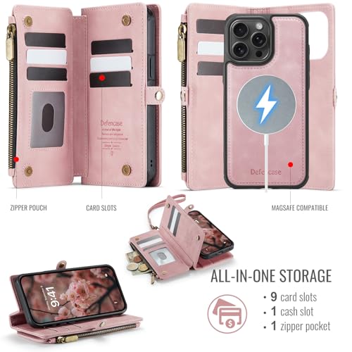 Defencase for iPhone 14 Pro Max Case Wallet Compatible with Magsafe, Pink | Drop-Proof Magnetic Detachable Phone Cases Cover, with RFID Bolcking Card Holder, Zipper Strap, PU Leather, Removable Wallet - color: (Detachable with Magsafe)-Pink