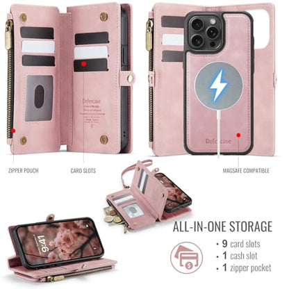 Defencase for iPhone 14 Pro Max Case Wallet Compatible with Magsafe, Pink | Drop-Proof Magnetic Detachable Phone Cases Cover, with RFID Bolcking Card Holder, Zipper Strap, PU Leather, Removable Wallet - color: (Detachable with Magsafe)-Pink