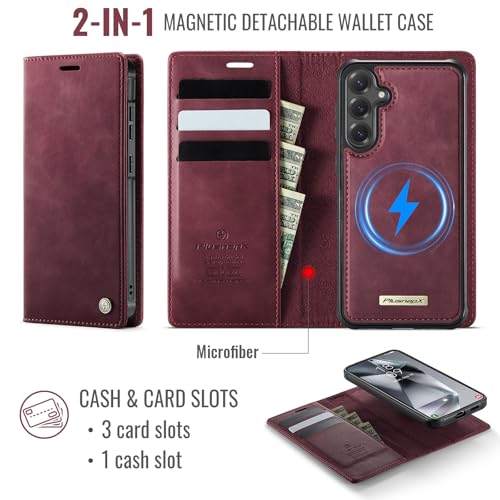 for Samsung Galaxy S24 5G 2in1 Detachable Wallet Case, Burgundy | Compatible with Magsafe, Magnetic, RFID Blocking Card Holder, Shockproof, Kickstand, Wireless Charging, PU Leather Flip Cover - color: Retro Burgundy, size: Galaxy S24 - 6.2"