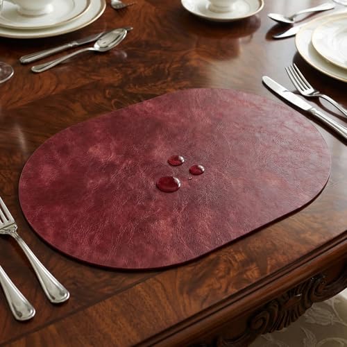 Placemats, Oval Placemats 2mm Ultra Thick Faux Leather Table Mats, Heat Resistant Waterproof Wipeable Dining Mats for Kitchen Table, Set of 12, Wine Red - color: Wine Red, size: Placemats set of 12