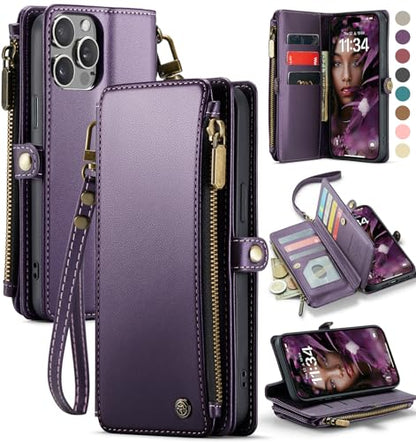Defencase for iPhone 14 Pro Max Wallet Case with RFID Card Holder, Purple | Durable Soft PU Leather, with Zipper Pocket, Wrist Strap, Fashion Snap Flip Phone Cases Cover with Stand for Women and Men - color: Purple