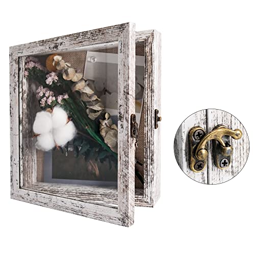 Small Shadow Box Frame 8x8 Display Case, White Wedding Bouquet Memory Box | Hinged Front Open Door with Tempered Glass, Linen Back with Pins for Pictures Keepsake, Interior Depth 1.5 inches for Flowers - color: Rustic White, size: 8"x8" (20x20 cm)