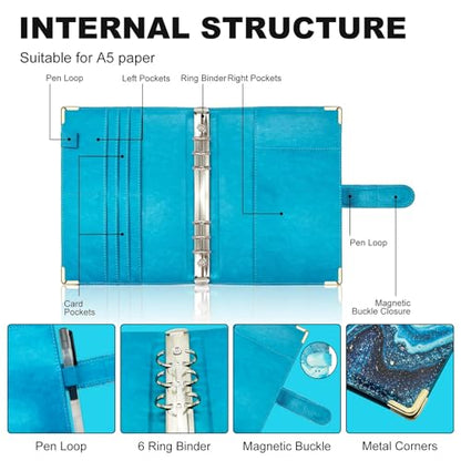 Convend A5/A6 Refillable 6 Ring Faux Leather Budget Binder,Mini Notebook Binder Cover for A5 Filler Paper,Loose Leaf Personal Planner Cover with Magnetic Buckle Closure(Marble Blue) - color: Marble Blue, size: Art-A5