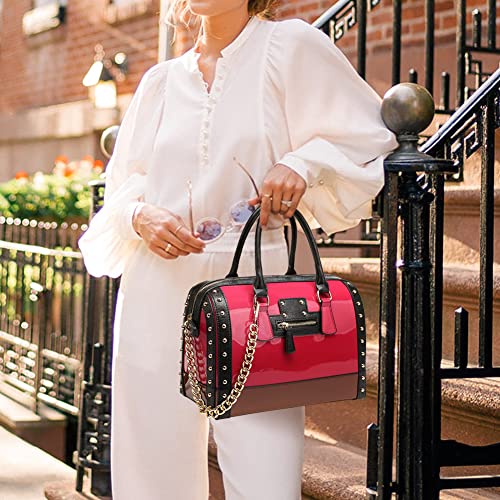 Dasein Women's Barrel Bag Shiny Patent Faux Leather Handbag with Rivet Decoration Top Handle Satchel Shoulder Purse - color: Larger Fuchsia