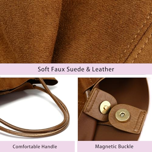 Suede Tote Bag for Women with Leather Purse Work Handbags - color: Brown