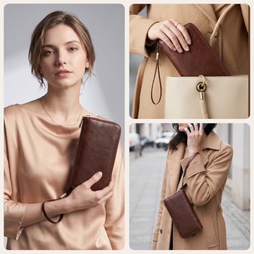 Tipmile Wristlet Wallet Women, RFID Blocking Card Holder Clutch Purse | Large Capacity, Grip Hand & Detachable Wrist Strap, Dual-Zipper, Ladies Gift, Brown - color: Brown
